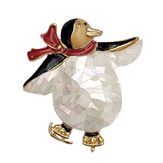 Liz Claiborne Faux Pearl Red Black Enamel Ice Skating Penguin Brooch Pin, Signed K657