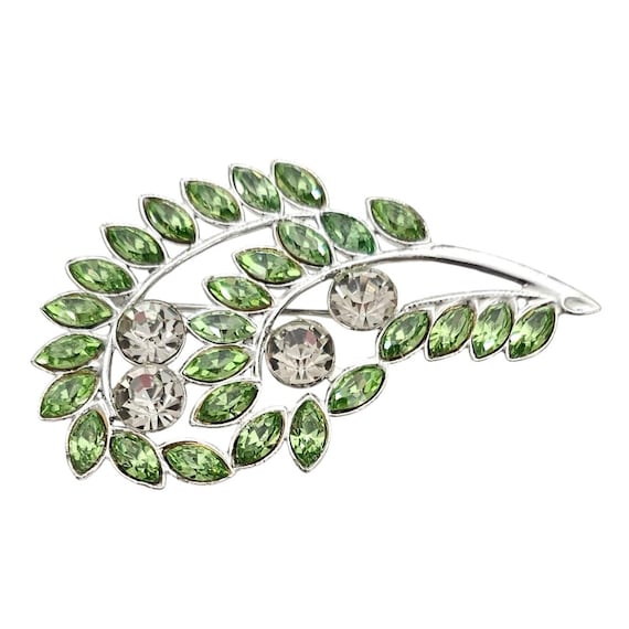 Silver Tone 1950’s New Old Stock Paisley Brooch Green Clear Rhinestone Pin E893