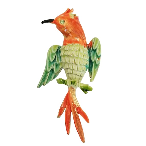 ART Arthur Pepper Gold Tone Orange Green Enamel Bird Brooch, Signed M971