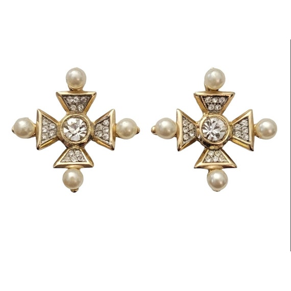 Trifari Gold Tone Clear Rhinestone Faux Pearl Maltese Cross Clip On Earrings, Signed M1003