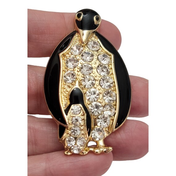 Monet Black Enamel Clear Rhinestone Penguin, Baby Brooch, Signed E777