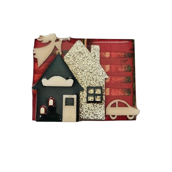 Lucinda Silver Glitter, Green Red, Angel Christmas House Pin, L806