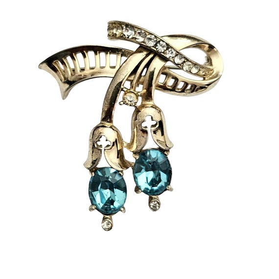 Coro Gold Tone Clear, Blue Oval Rhinestone Ribbon Brooch Pendant Signed, J423