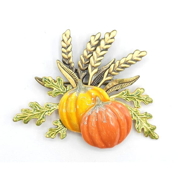 Kenneth Cole Pumpkin Leaves Orange Yellow Green Enamel Brooch, Signed
