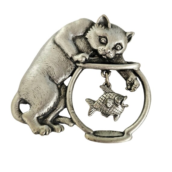 JJ Jonette Pewter Style Cat in Fish Bowl Brooch Pin, Signed L107