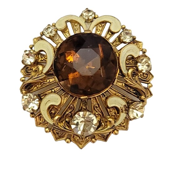 Gold Tone Germany Austria Style Jonquil Topaz White Enamel Brooch K213