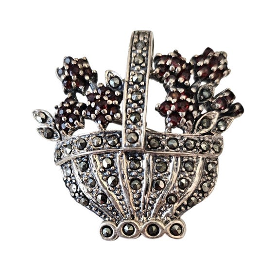 Sterling Silver Garnet Marcasite Basket Pendant Brooch, J67