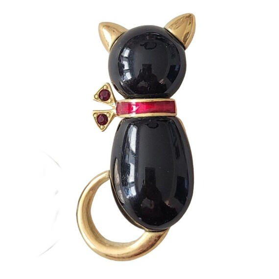 Anne Klein Gold-Tone Black Cat Red Enamel Rhinestone Bow Collar Brooch Pin, Signed E114