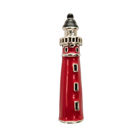 P.S. Co. Red Enamel Clear Rhinestone Lighthouse Brooch, Signed J796