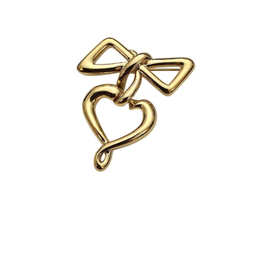 Gold Tone Bow Bar Brooch Open Heart Dangle Charm Pin C855