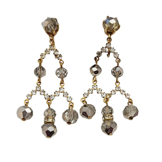 AB Beaded Prong Set Clear Rhinestone Chandelier Clip-On Earrings 2” Long, K130