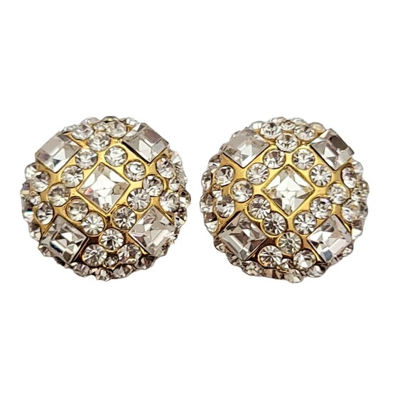Jarin Gold Tone Round Clear Rhinestone Clip-On Earrings, Signed E971