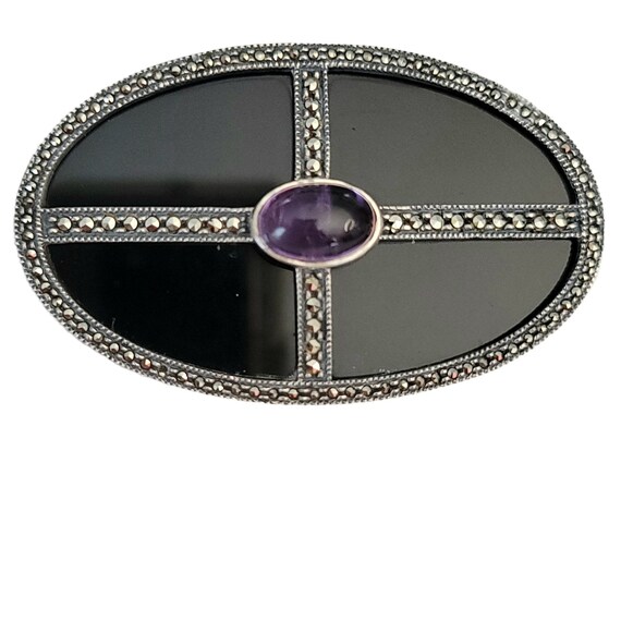 Judith Jack Sterling, Marcasite Black Onyx, Amethyst Oval Cross Brooch, Signed M144