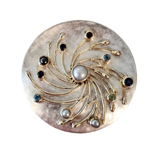 Michou Sterling Silver Gold Vermeil Modernist Pearl Gemstone Round Brooch Pendant L63
