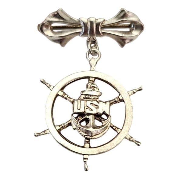 Sterling USN Ships Wheel On Bow Bar Charm Brooch Pin J884