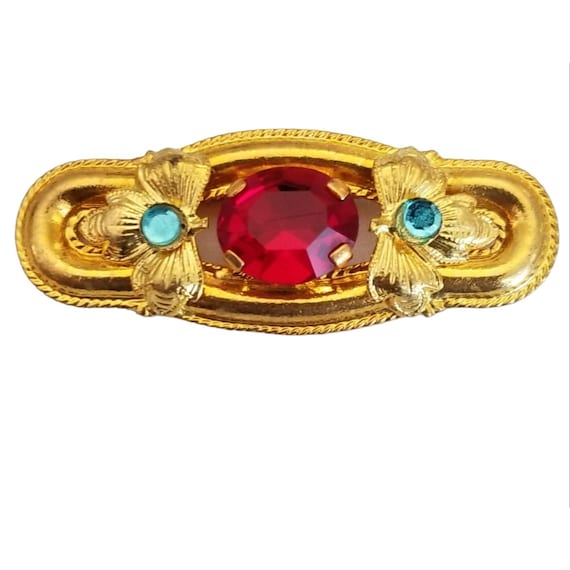 Czech Gold Tone Art Nouveau-style Red Prong Set Rhinestone Bar Brooch, M969