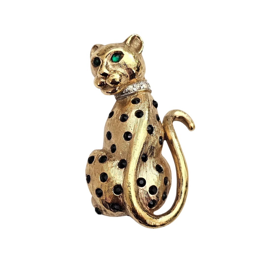 Panetta Black Rhinestone Leopard Spotted Cat Brooch Green Eye Pin
