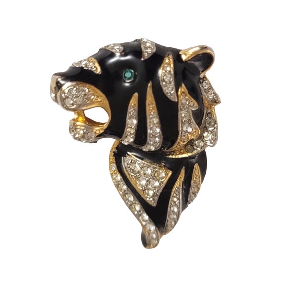 Craft Black Enamel Clear Rhinestone Cat, Tiger Brooch Pin, Signed E43