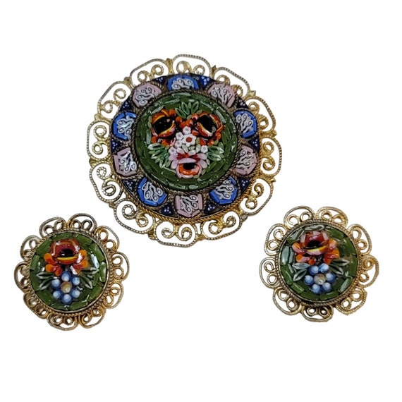Mosaic Filigree Edge Flower Brooch And Clip-On Earrings, Signed Set K982