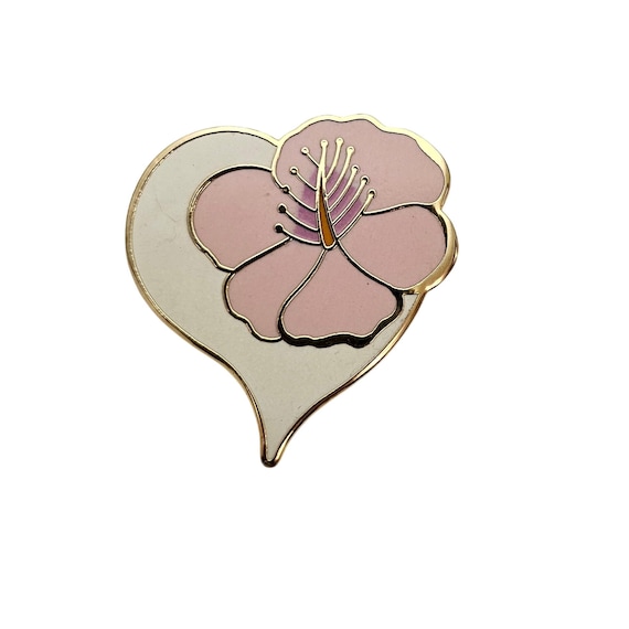 Laurel Burch Hibiscus Pink Heart Flower Brooch Pendant Signed, C842
