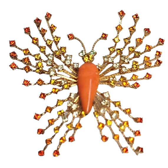 Warner Orange Yellow White Rhinestone Butterfly Vintage Brooch, Signed