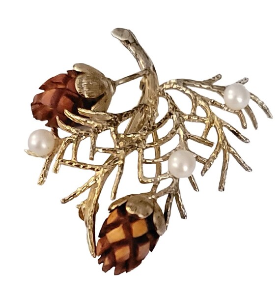 アクセサリー pine Wells Sterling, Gold Tone Branch, Pine Cone, Genuine Pearl Brooch