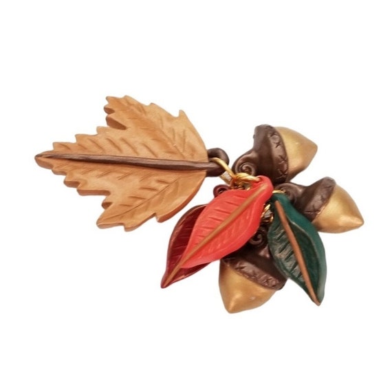Leaf Acorn Charm Dangle C-Clasp Pin Brooch L74