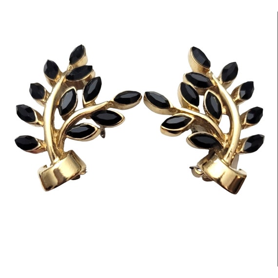 Carolee Gold Tone Black Glass Marquise Rhinestone Leaf Clip On Earring, Signed M1022