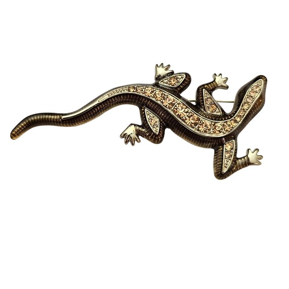 Green Enamel Champagne Rhinestone Gecko Brooch Lizard Pin C622