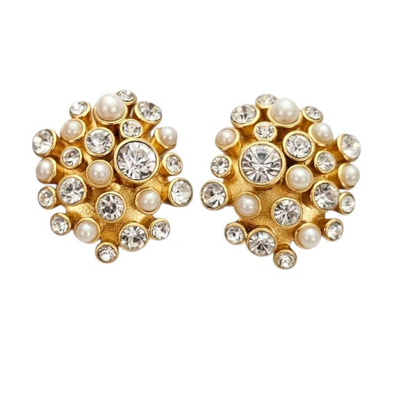 Gold Tone Modernist Round Clip On Earrings Faux Pearl Clear Rhinestone Sputnik