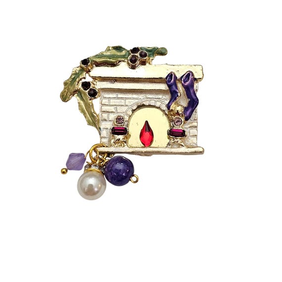 Fireplace Christmas Brooch, Purple Bead Dangles Charms, Rhinestone Pin J956