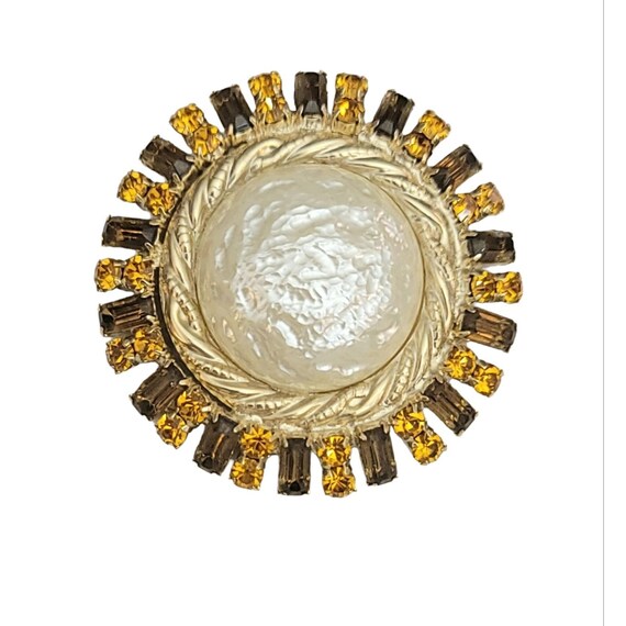 Germany Style Faux Pearl Topaz Rhinestone Round Statement Brooch M372