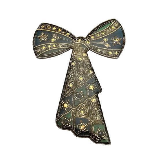 Catherine Popesco Blue Green Plique A Jour-style Rhinestone Bow Brooch J693