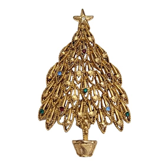 LIA Gold Tone Multi Color Rhinestone Christmas Tree Brooch, Signed K402