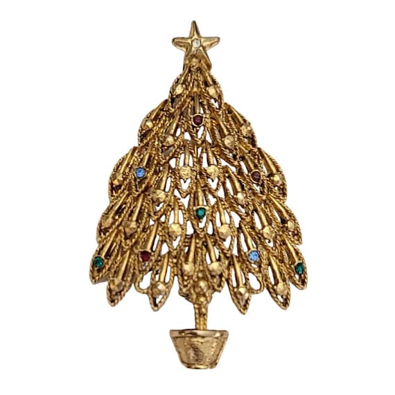 LIA Gold Tone Multi Color Rhinestone Christmas Tr… - image 1