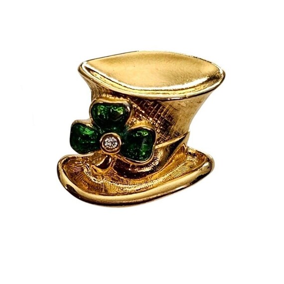 Avon Lucky Irish Pin Green Enamel Clover Clear Rhinestone Hat Lapel Signed, L875