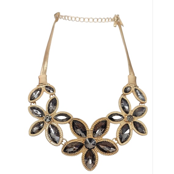 Natasha Gold Tone Smoky Glass Rhinestone Collar Necklace 21” Long, Signed K607
