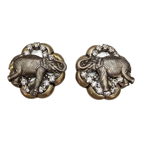 Silver Tone Elephant Clip On Clear Rhinestone Gilt Style Earrings C779
