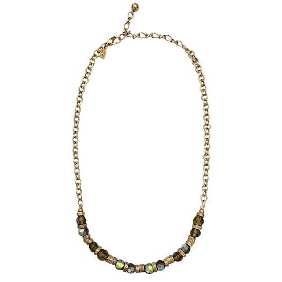 Lady Remington Gold Tone Brass Style Blue Green AB Bead Necklace Signed, J96