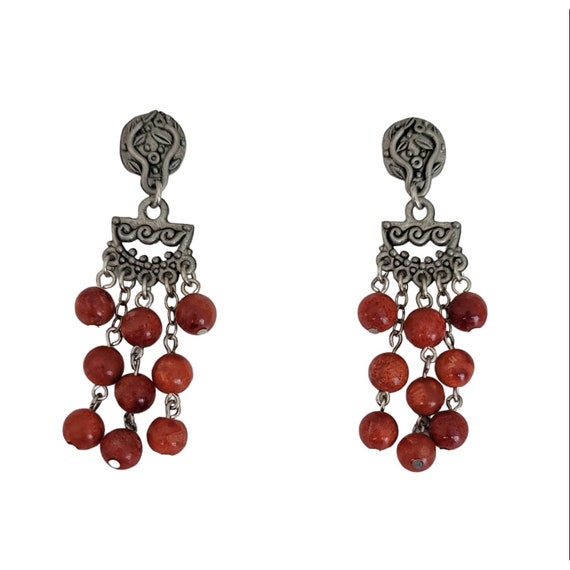 Lee Sands Silver Tone Red Coral Bead Dangle Post Earrings K498