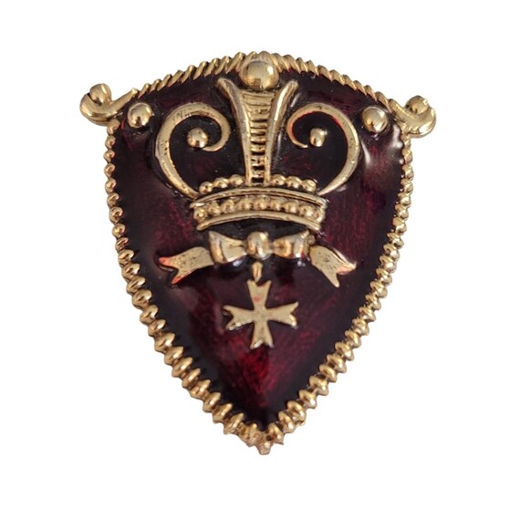 BSK Gold Tone Red Wine Enamel Shield Crown Cross Brooch, Signed K951