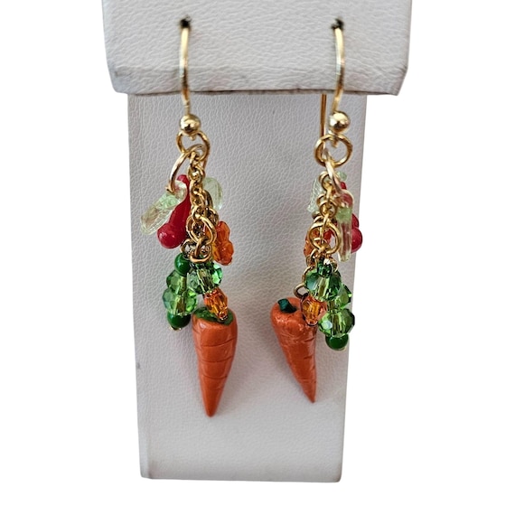 Gold Tone Sterling Hook Carrot Cherries Green Orange Glass Bead Earrings J876