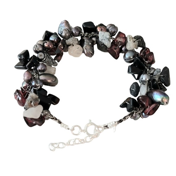 Sterling Silver Peacock Baroque Pearl Garnet Quart Cluster Bracelet, 7.5" Long E541