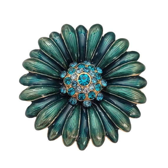 Monet Teal Rhinestone Enamel Daisy Brooch Pin, Signed E610