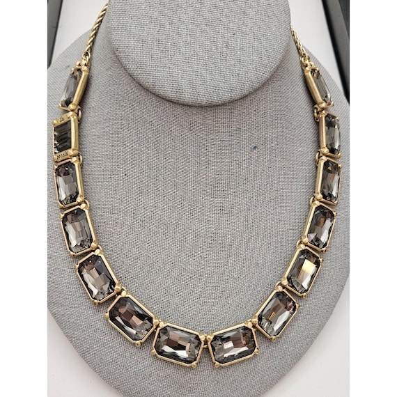 Lia Sophia Faceted Emerald Style Smoky Crystal Matte Gold Tone Necklace, Signed