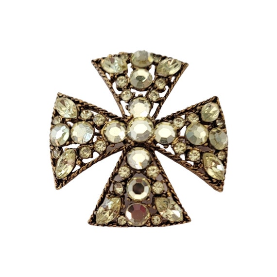 Gold Tone Jonquil Rhinestone Vintage Maltese Cross Brooch Pin E734