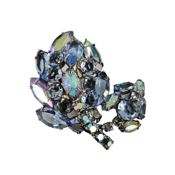 Vintage Prong Set Blue AB Rhinestone Cluster Double Leaf Style Brooch Pin L140