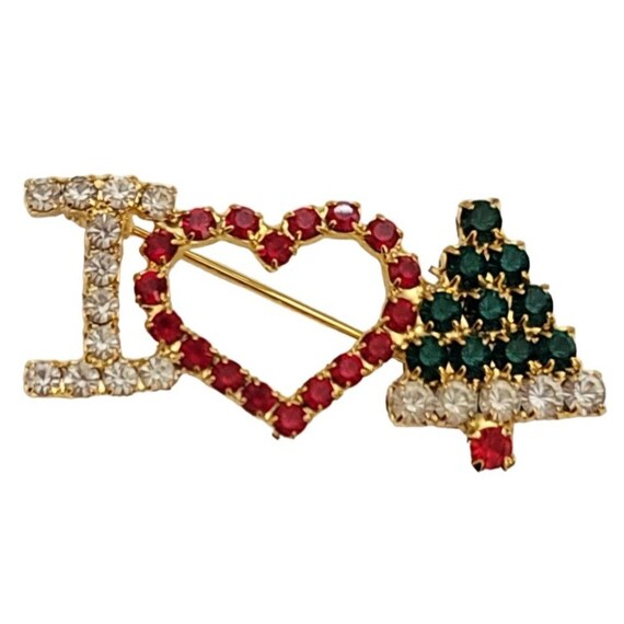 I Heart Christmas Tree Prong Set Red Green Christmas Brooch Pin K832