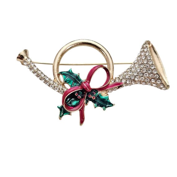 Anne Klein Clear Rhinestone Horn Brooch Enamel Christmas Holly Pin, Signed