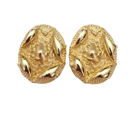 Gold Tone Oval Modernist Egg Clip On Texture Chunky Earrings J744